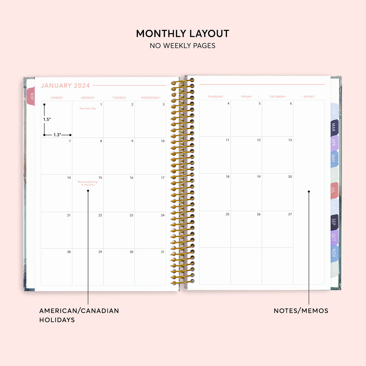 Two-page monthly calendar spread in a 6×9 hardcover Posy planner