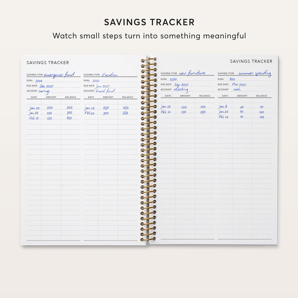 
                  
                    The image is a spiral-bound notebook with a savings tracker page, where the user can track their savings progress by recording small steps and monitoring their progress over time.
                  
                