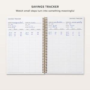 
                  
                    Budget planner savings-tracker pages with dates, deposits and balances.
                  
                