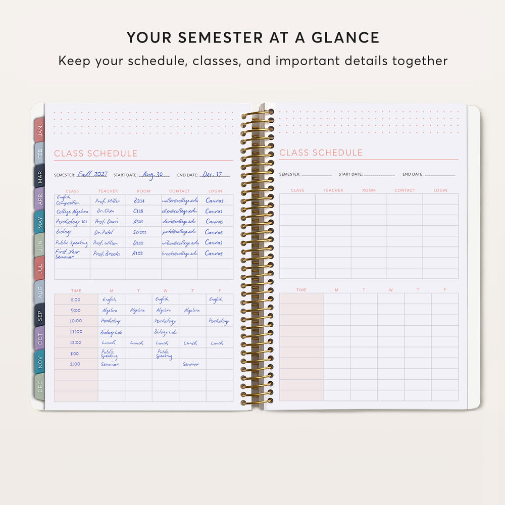 
                  
                    The image is a page from a spiral-bound notebook, displaying a detailed class schedule for the semester. The schedule includes various classes and their corresponding times, as well as a section for the start and end dates of the course.
                  
                