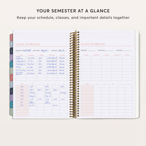 
                  
                    Student planner class schedule spread with course details and weekly timetable grids.
                  
                
