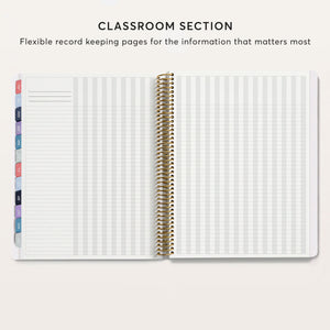 
                  
                    Teacher planner classroom record-keeping spread with name lines and tracking grids.
                  
                