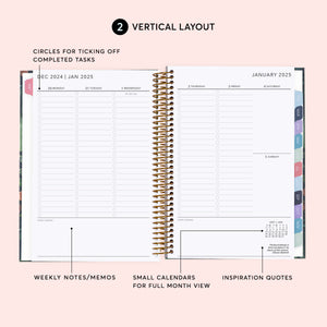 
                  
                    Vertical weekly planner layout with daily columns, task checkboxes and weekly notes.
                  
                