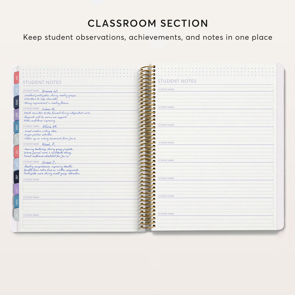 
                  
                    an open spiral-bound notebook with a page titled "CLASSROOM SECTION" at the top. The page has two columns for student notes and student names, providing a space for students to record their observations, achievements, and notes in one place.
                  
                
