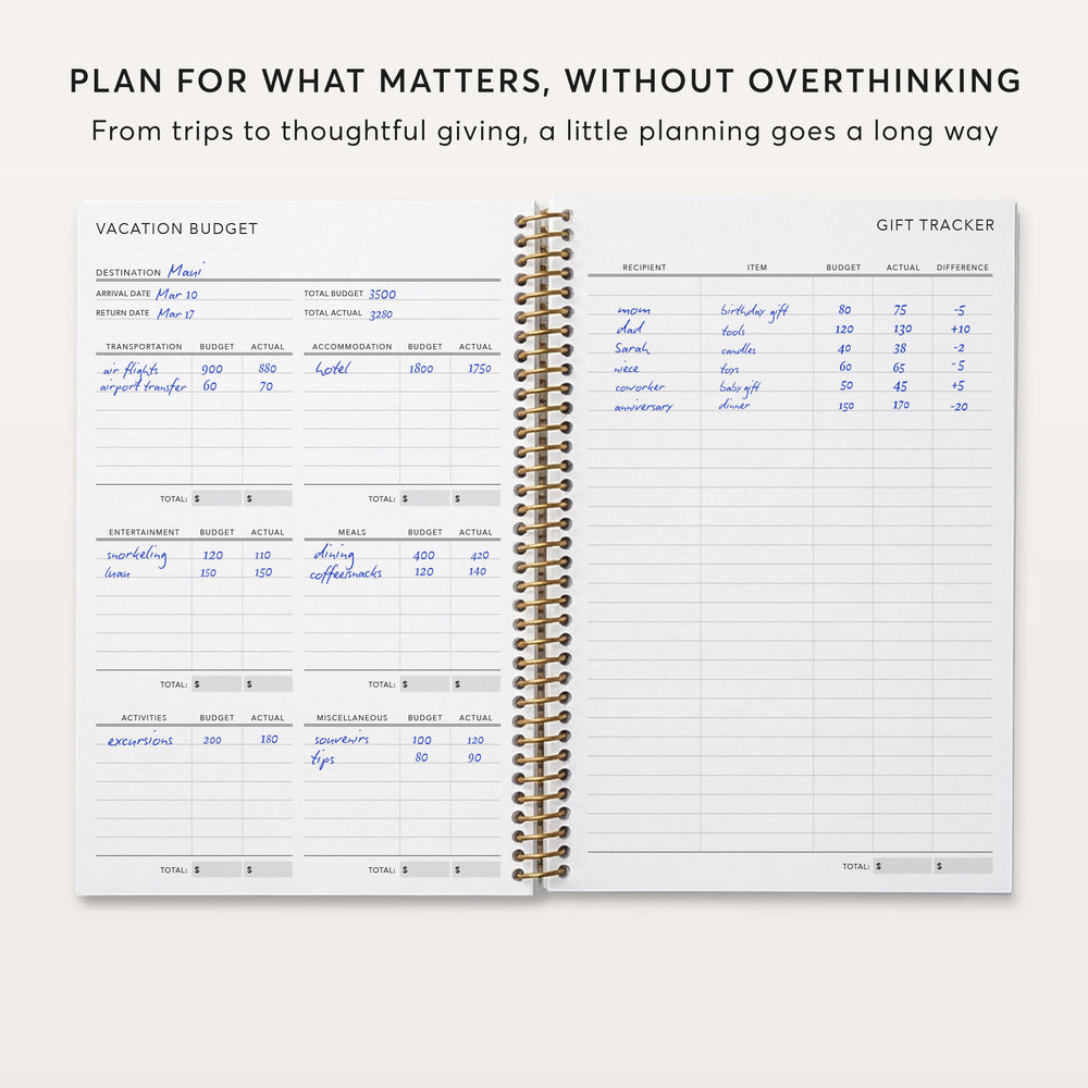 
                  
                    The image is a spiral-bound notebook with a page titled "Plan for what matters, without overthinking" and a section titled "VACATION BUDGET". The notebook contains a detailed budgeting plan for a vacation, including various expenses such as transportation, accommodation, meals, and gifts. The plan includes a total budget of $5,000 and a total of $5,000 in actual difference, indicating that the actual difference is $5,000.
                  
                
