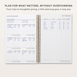 
                  
                    Budget planner vacation-budget page beside a gift tracker.
                  
                