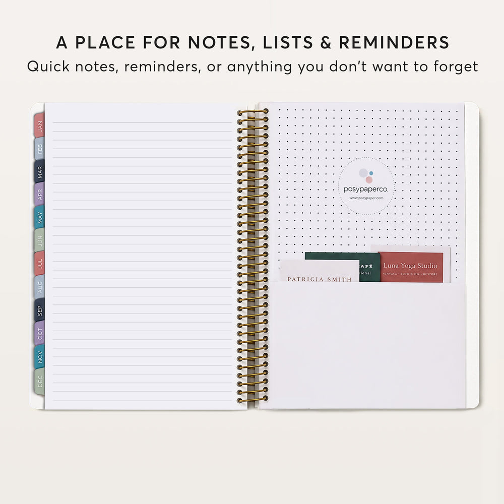 
                  
                    The image is a page from a spiral-bound notebook, featuring a blank page and a pocket for notes, lists, and reminders.
                  
                
