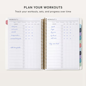 
                  
                    Fitness planner workout pages with exercise names, sets, repetitions and progress notes.
                  
                