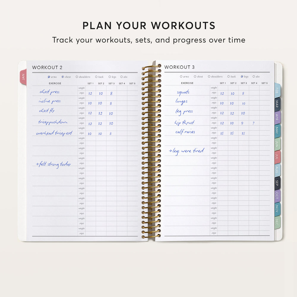 
                  
                    a spiral-bound notebook with a workout plan page, displaying a list of exercises and their corresponding repetitions or sets. The page is titled "Plan Your Workouts" and encourages the user to track their workouts, sets, and progress over time.
                  
                