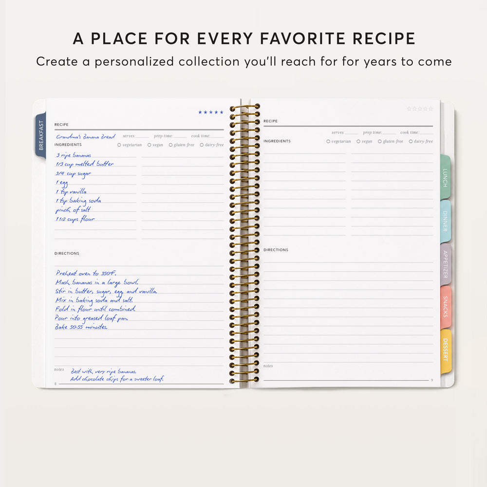 
                  
                    The image is a page from a spiral-bound notebook, featuring a recipe book with a list of recipes and instructions.
                  
                
