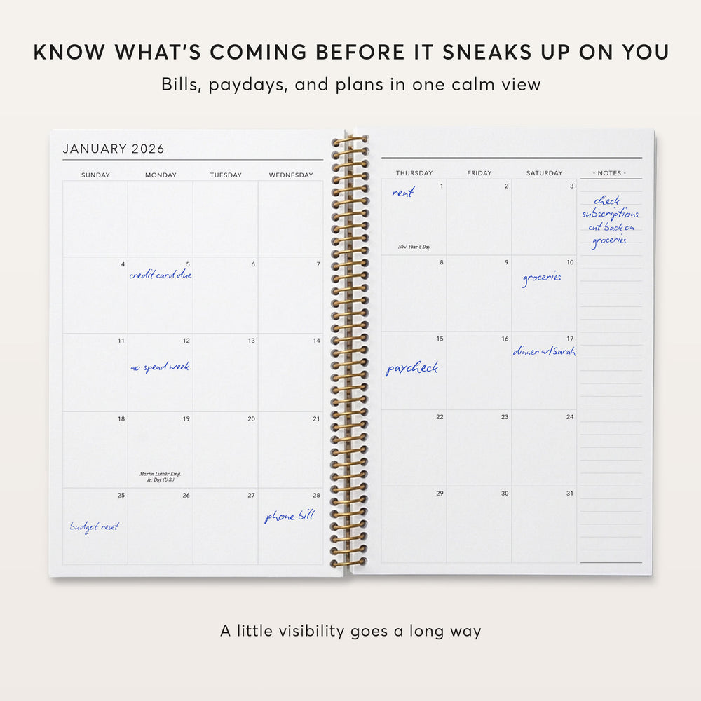 
                  
                    The image is a calendar for January 2020, showing the days of the week and various activities such as bills, paydays, and plans.
                  
                