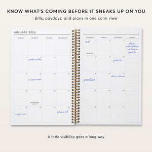 
                  
                    Open 6×9 budget planner showing a January 2026 monthly calendar for bills, paydays and plans.
                  
                