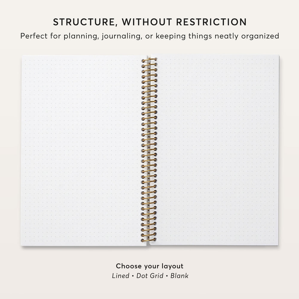 
                  
                    a spiral-bound notebook with a blank page, and it is described as a "structured layout" without any restrictions.
                  
                
