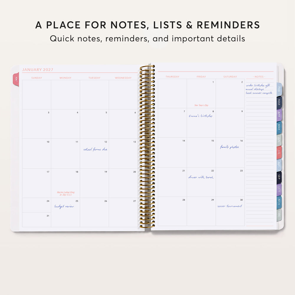 
                  
                    an open spiral-bound notebook with a calendar page for January 2021. The page includes a calendar for the month, a list of notes, and a section for reminders. The page also includes a section for important details.
                  
                
