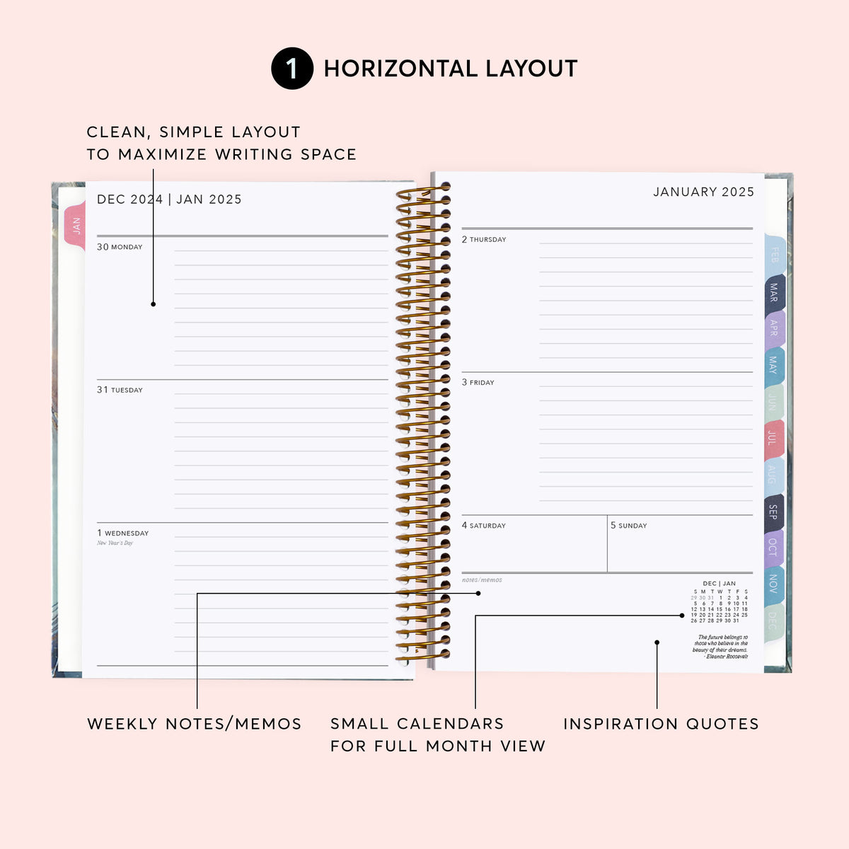 Horizontal weekly planner layout with daily writing areas, weekly notes and small monthly calendars.