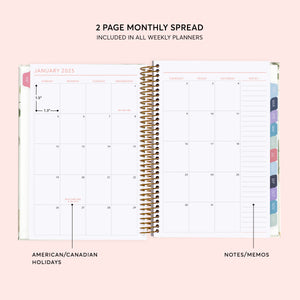 
                  
                    Two-page monthly calendar spread with a notes column and colored month tabs.
                  
                