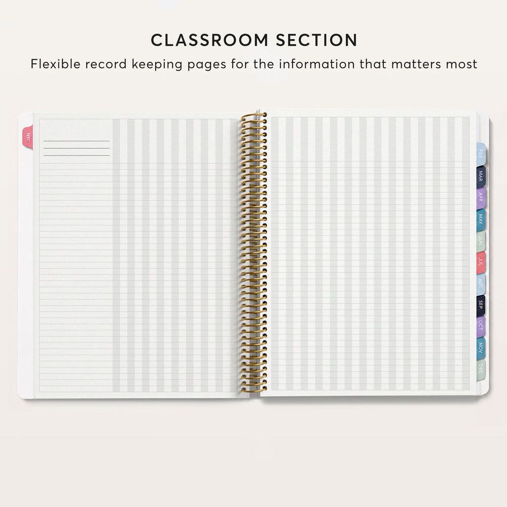 
                  
                    an open spiral-bound notebook with a blank page, divided into sections with colored dividers. The text above the notebook reads "CLASSROOM SECTION" and below it, "Flexible record keeping pages for the information that matters most".
                  
                