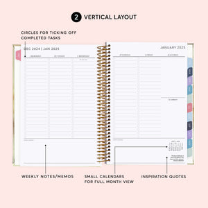 
                  
                    Vertical weekly planner layout with daily columns, task checkboxes and weekly notes.
                  
                