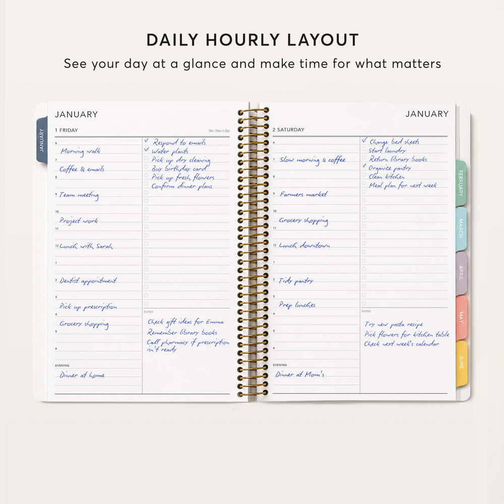 
                  
                    The image is a daily hourly layout of a calendar for January, showing a schedule for various activities and tasks throughout the day.
                  
                