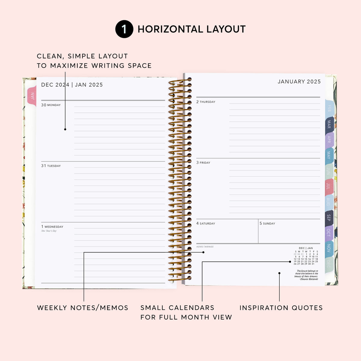 Horizontal weekly planner layout with daily writing areas, weekly notes and small monthly calendars.
