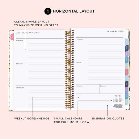 a spiral bound planner with the words horizontal layout