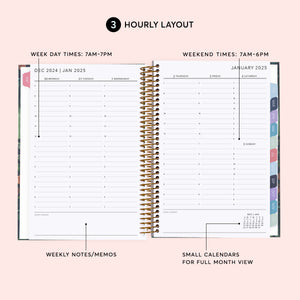 
                  
                    Hourly weekly planner layout with timed daily schedules and weekly notes.
                  
                