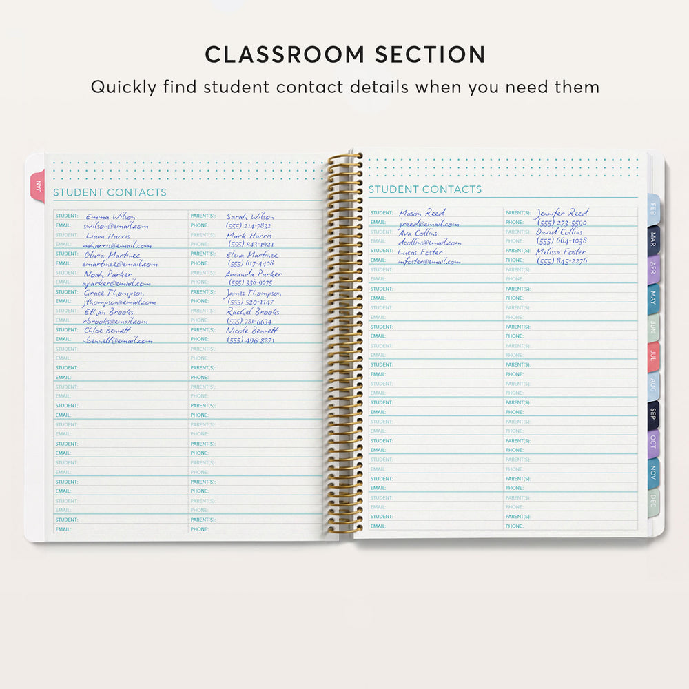 
                  
                    The image is a page from a spiral-bound notebook, specifically a Classroom Section notebook, with a list of student contact details.
                  
                