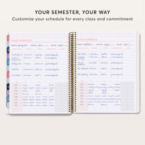 
                  
                    Student planner class schedule spread with course details and weekly timetable grids.
                  
                