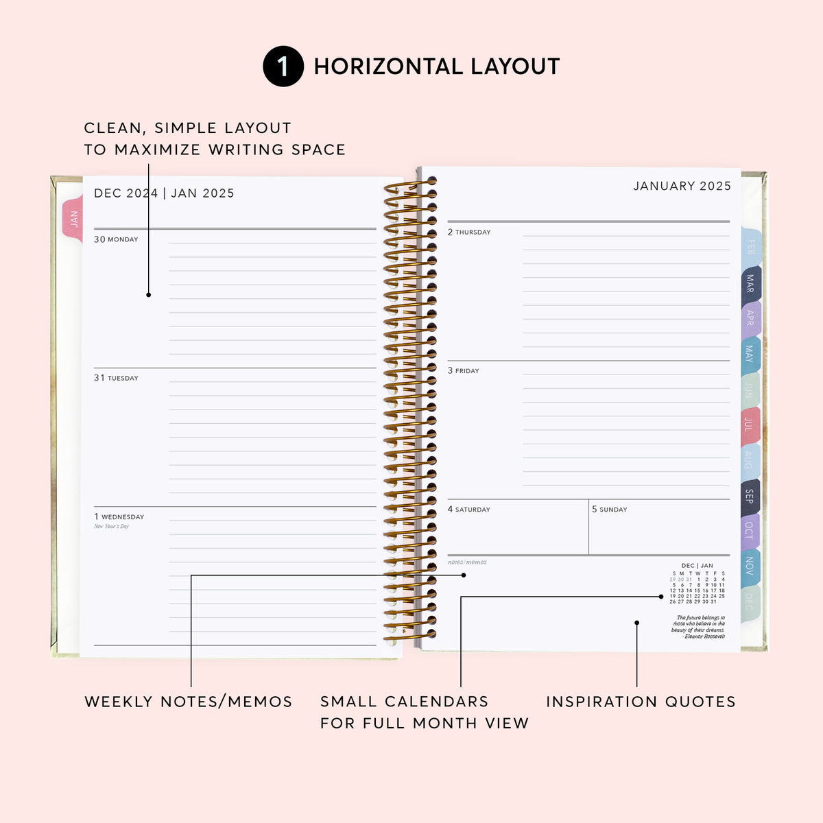 Horizontal weekly planner layout with daily writing areas, weekly notes and small monthly calendars.