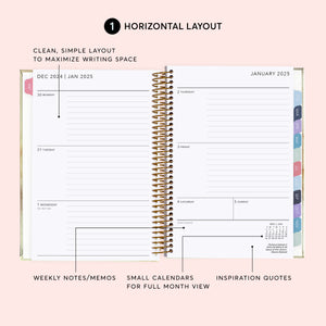 
                  
                    Horizontal weekly planner layout with daily writing areas, weekly notes and small monthly calendars.
                  
                