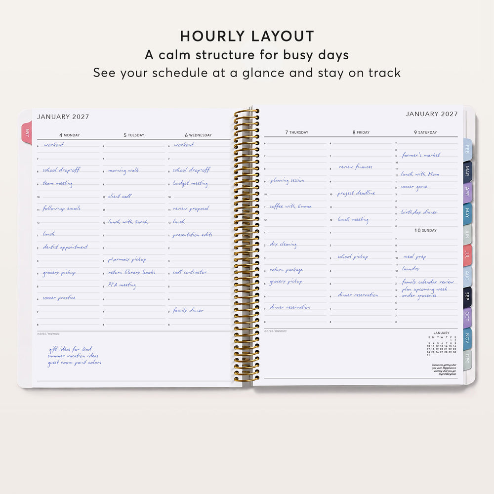 
                  
                    a spiral-bound notebook with a detailed layout of a daily schedule for January 2021. The notebook is open, showing the days of the week and various tasks such as work, school, exercise, and personal activities. The layout provides a clear and organized structure for managing daily tasks and appointments, helping the user stay on track and maintain a sense of order in their daily life.
                  
                