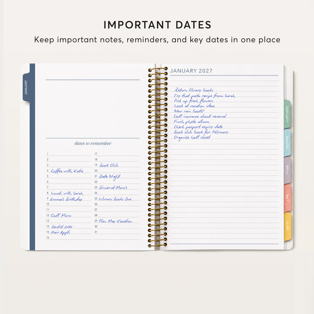
                  
                    The image is a page from a spiral-bound notebook with a list of important dates and events written in a handwritten style.
                  
                