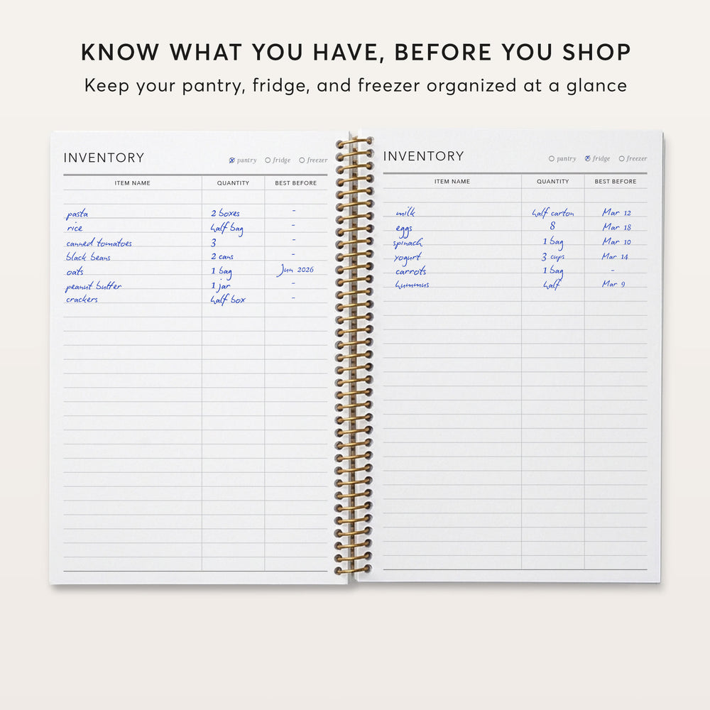 
                  
                    The image is a spiral-bound notebook with a list of grocery items and their quantities, organized by pantry, fridge, and freezer. The text encourages the reader to know what they have before shopping to keep their pantry, fridge, and freezer organized.
                  
                