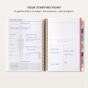 
                  
                    Fitness planner starting-point page with goals and measurements beside a dates-to-remember page.
                  
                