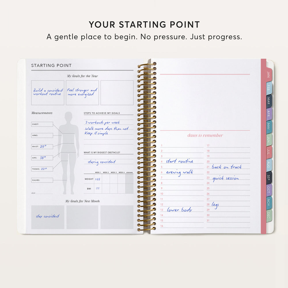 
                  
                    The image is a page from a notebook or planner, featuring a title, a starting point section, and a daily planning section.
                  
                