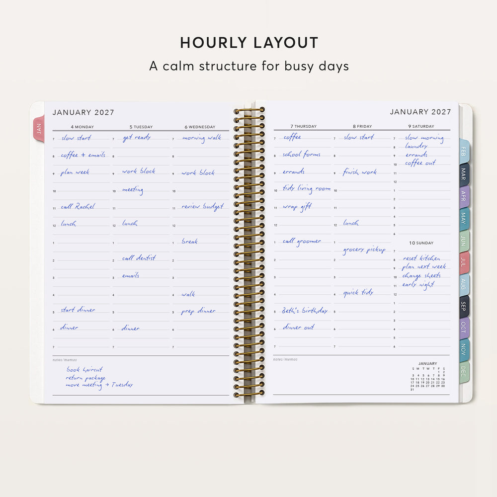 
                  
                    a spiral-bound notebook with a detailed layout of a daily schedule for January 27, 2027. The schedule includes various tasks such as coffee, work, and personal activities, as well as a section for a "calm structure for busy days". The notebook is open and laid out on a white background, providing a clear view of the schedule and its organization.
                  
                