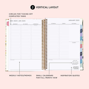 
                  
                    Vertical weekly planner layout with daily columns, task checkboxes and weekly notes.
                  
                
