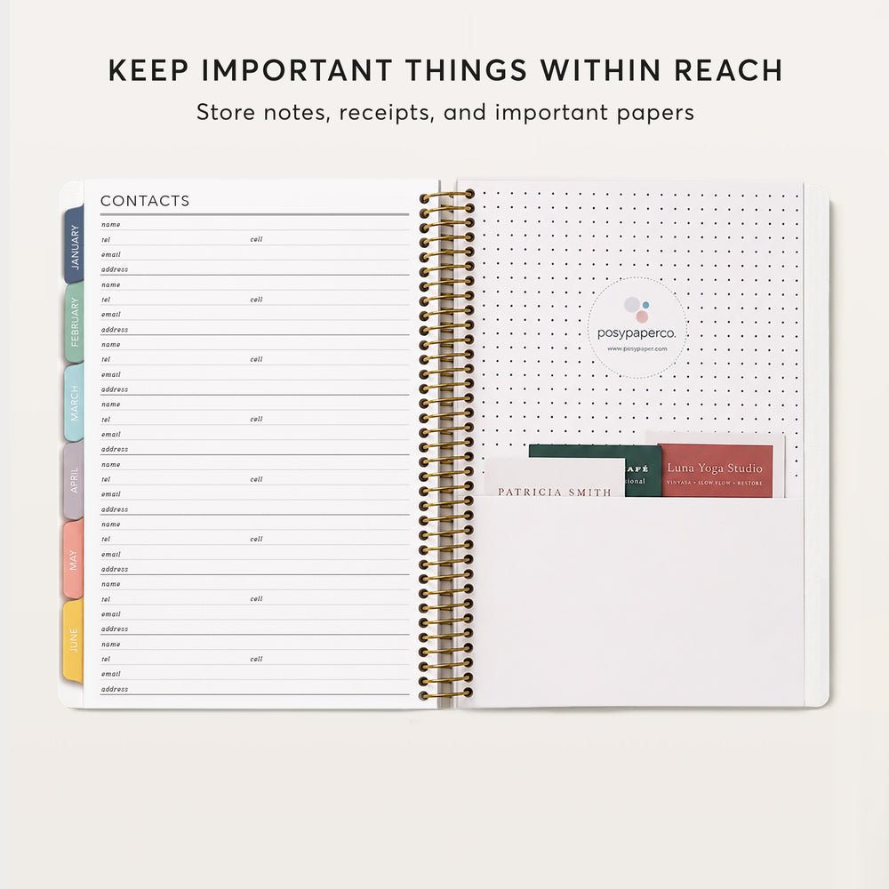 
                  
                    The image is a page from a spiral-bound notebook, featuring a list of names and contact information. The page is titled "KEEP IMPORTANT THINGS WITHIN REACH" and includes a section for storing notes, receipts, and important papers.
                  
                