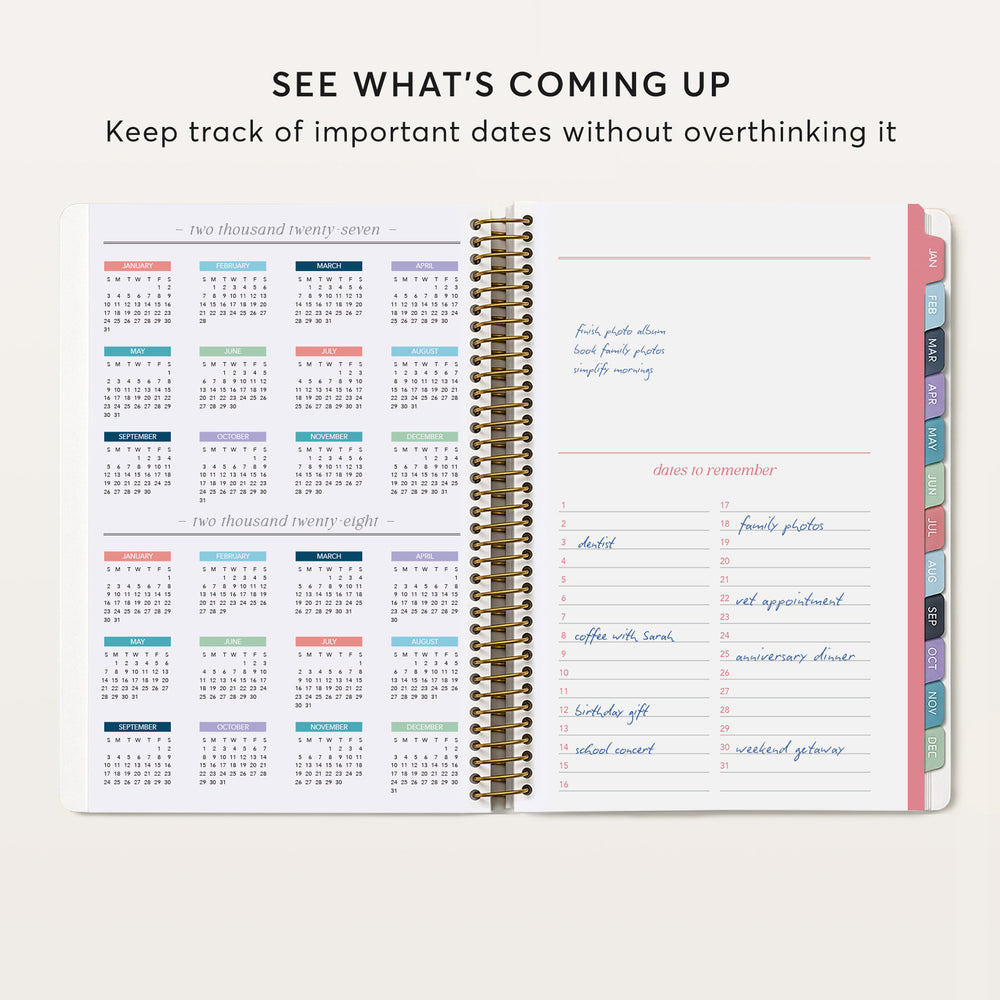 
                  
                    The image is a page from a planner or calendar, displaying a calendar for the months of the year and a section for dates to remember.
                  
                