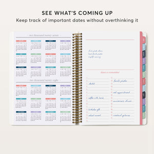 
                  
                    Year-at-a-glance calendar beside sections for important dates and dot-grid notes.
                  
                
