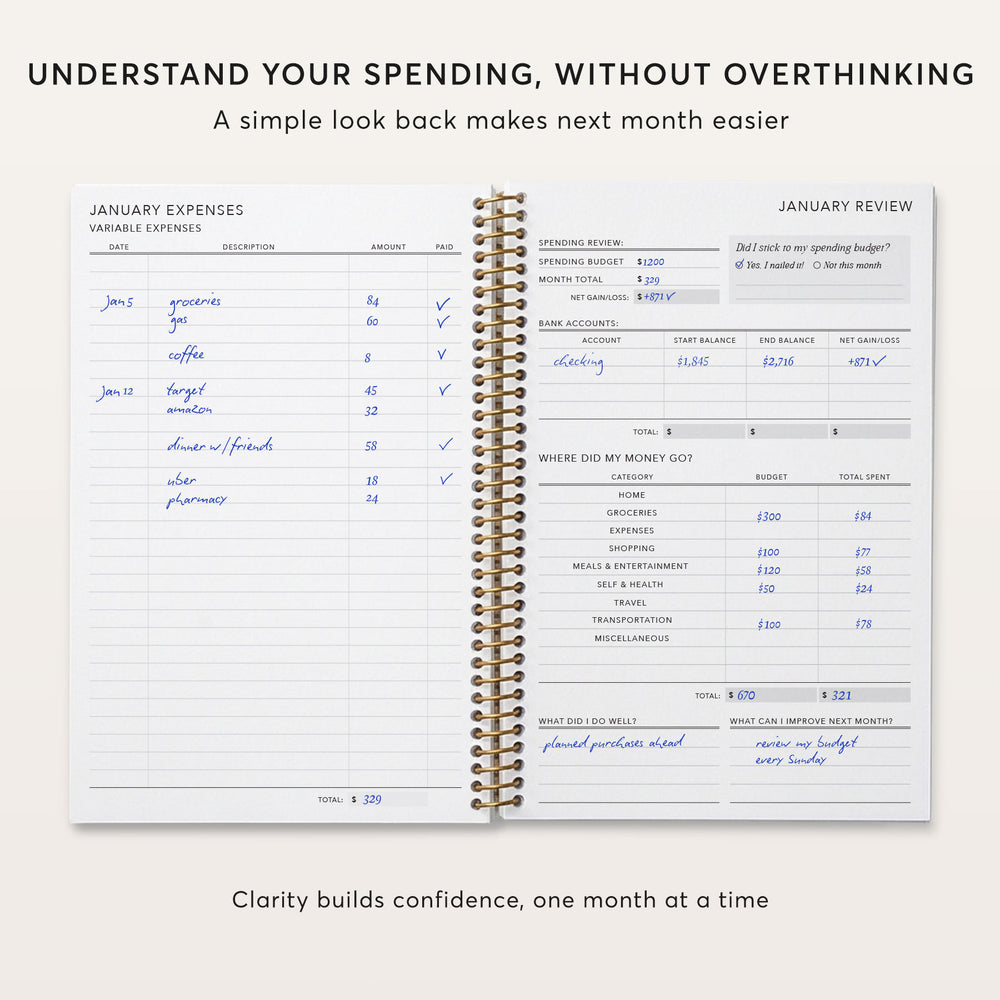 
                  
                    The image is a page from a notebook or a budgeting app, displaying a detailed breakdown of January's expenses and a plan for the upcoming month.
                  
                