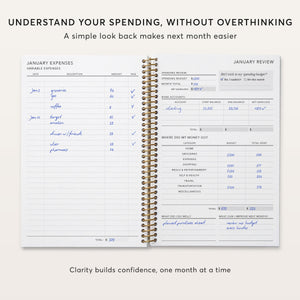 
                  
                    Budget planner expense log beside a monthly spending review.
                  
                