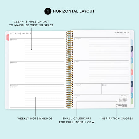 a spiral bound planner with the words horizontal layout