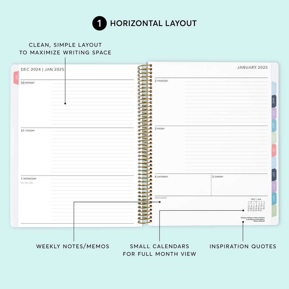 a spiral bound planner with the words horizontal layout