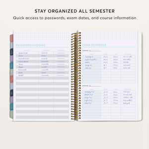 
                  
                    Student planner pages for passwords and logins beside an exam schedule.
                  
                