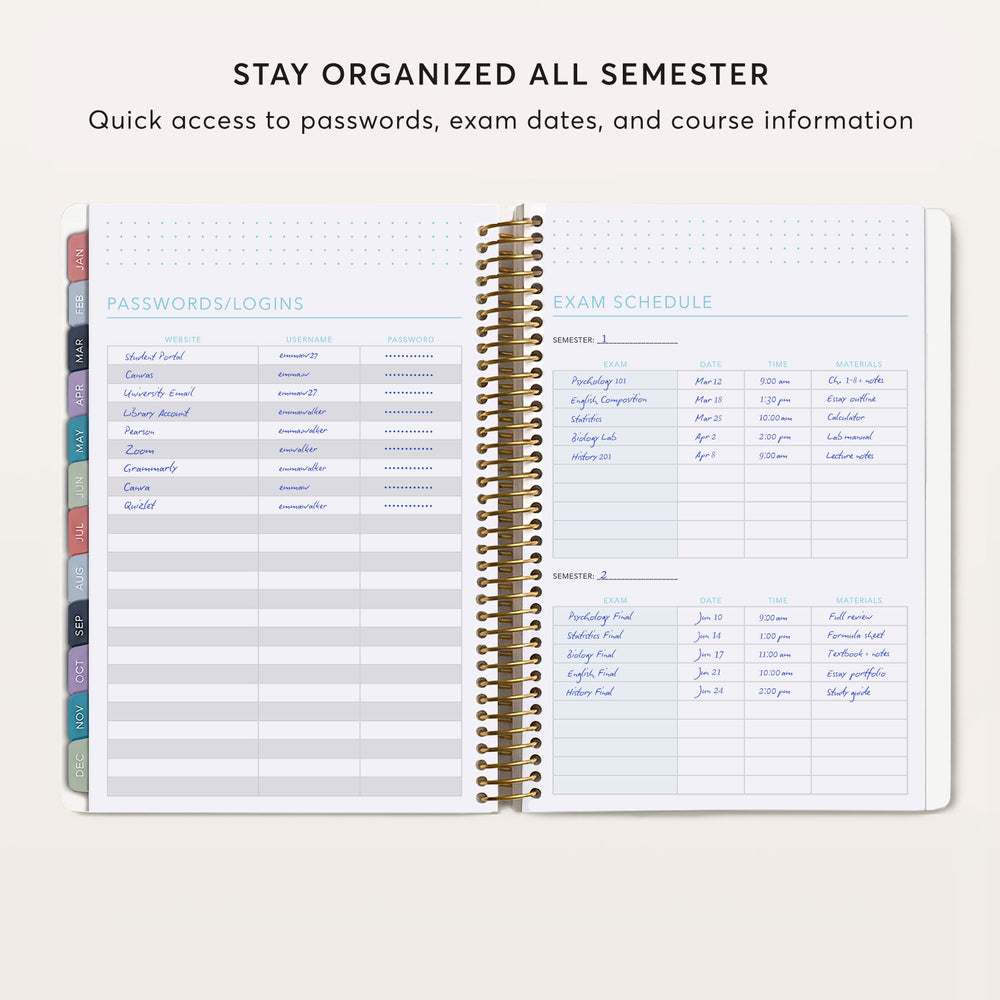 
                  
                    The image is a spiral-bound notebook with a calendar page on the left and an exam schedule page on the right. The calendar page lists various dates and times for different subjects and activities, while the exam schedule page provides information about the exam dates, times, and course materials.
                  
                