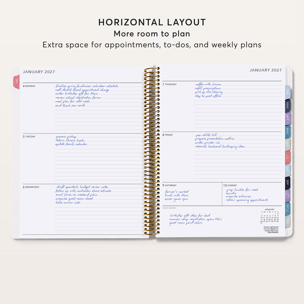 The image is a page from a spiral-bound notebook with a horizontal layout, displaying a calendar for January 2021. The page includes a list of appointments, to-do lists, and weekly plans, providing extra space for organization and planning.