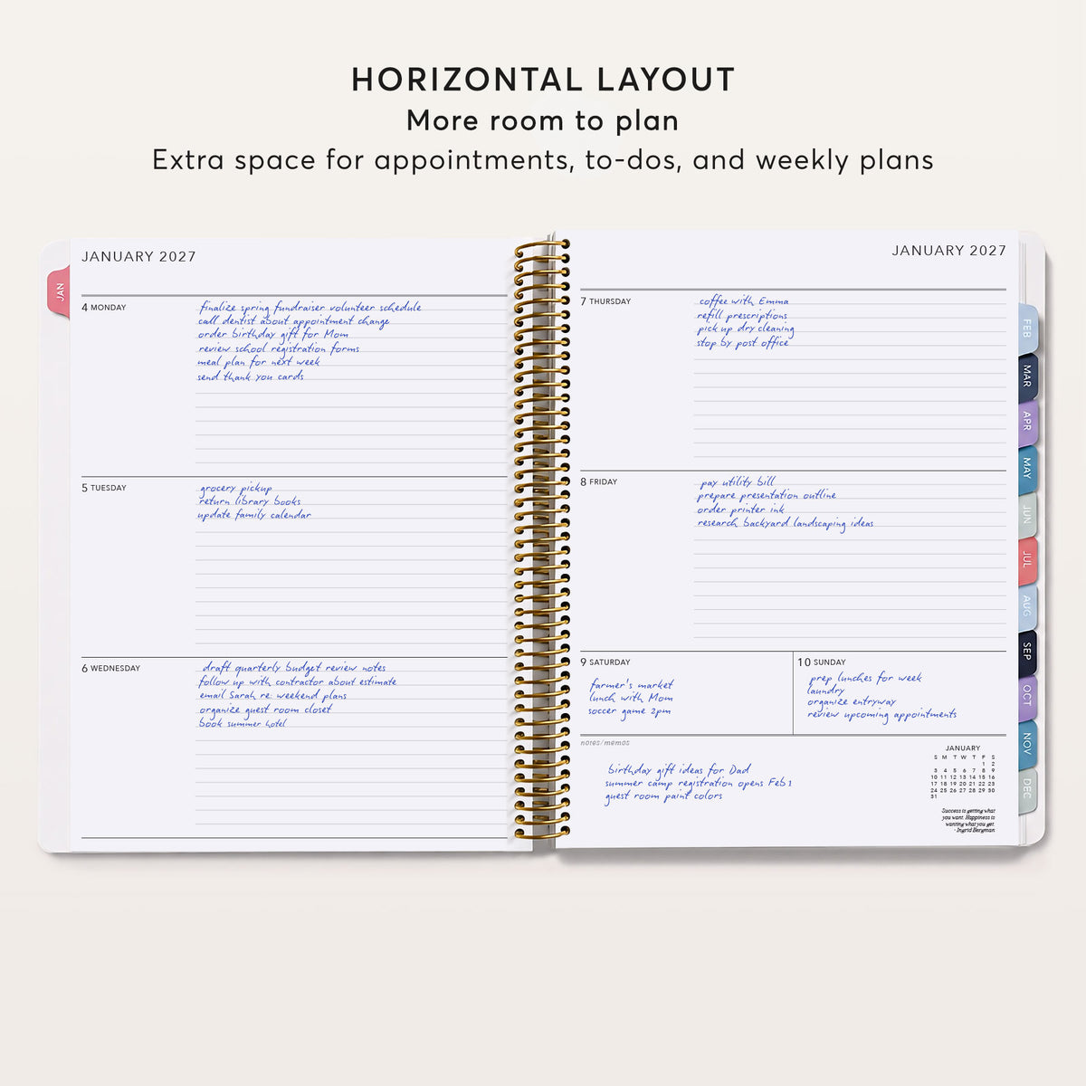 Open 8.5×11 weekly planner showing a January 2027 horizontal layout with room for appointments and to-do lists.