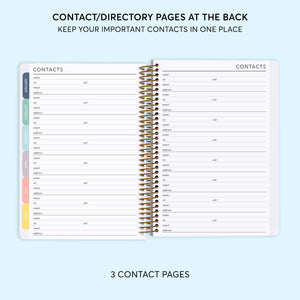 
                  
                    a spiral bound notebook with the text contact directory pages at the back
                  
                