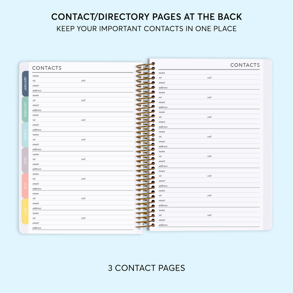 
                  
                    a spiral bound notebook with the text contact directory pages at the back
                  
                